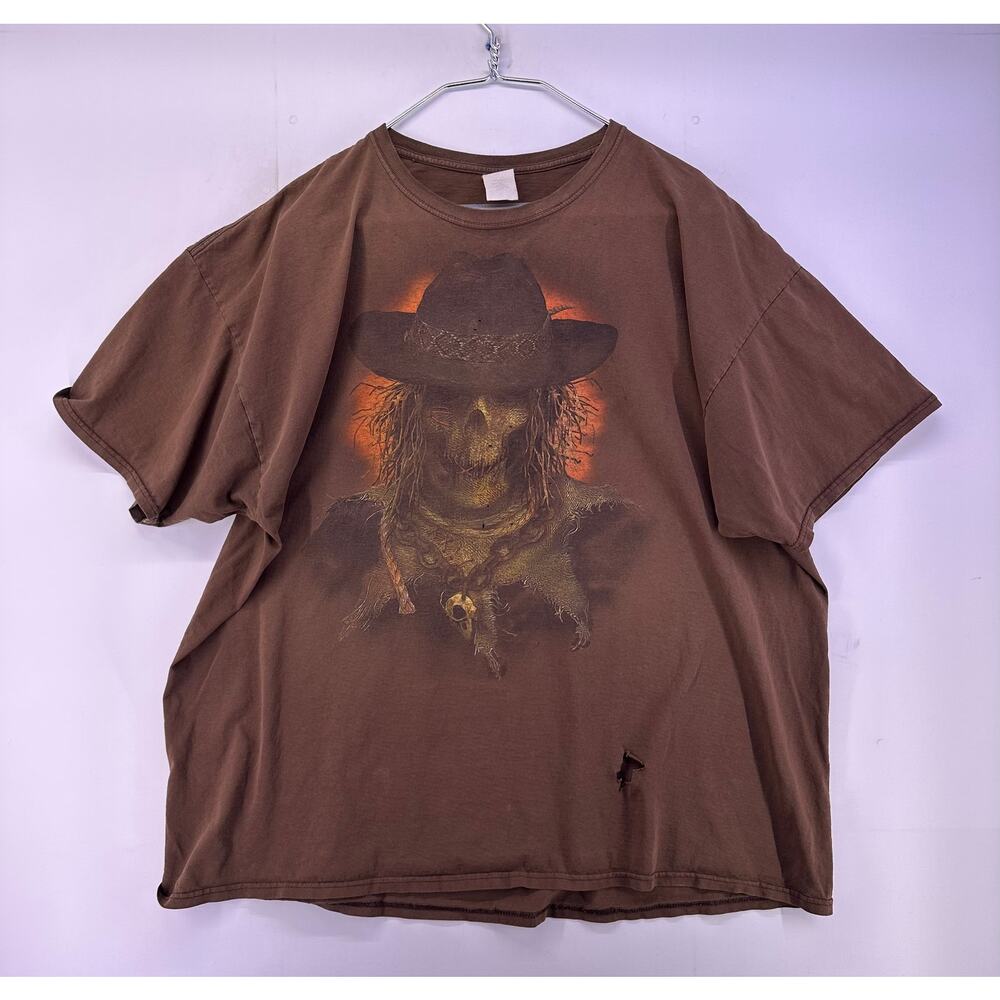 Vintage Scarecrow Skull T-Shirt Size XL Brown Horror Western